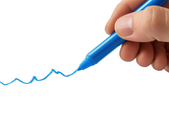 Closeup of hand drawing wavy blue line with marker