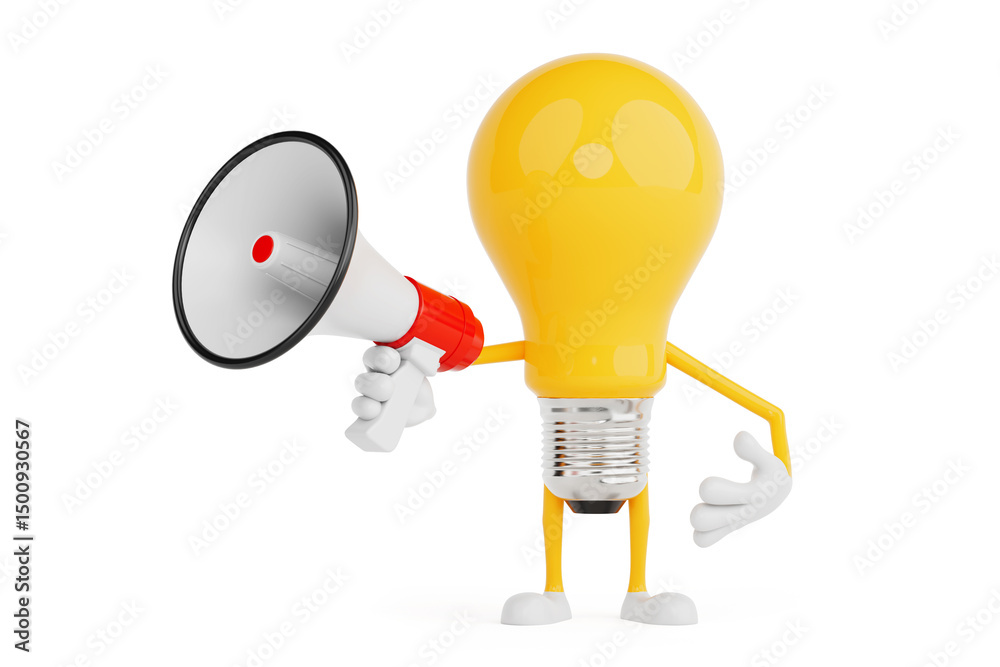 Aufkleber creative communication concept. yellow light bulb character holding megaphone. 3d rendering