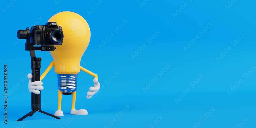 Poster Content Creation And Filmmaking Concept. Yellow Cartoon Light Bulb Character Holding Camera On Tripod Stabilizer. 3d Rendering