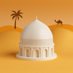Middle Eastern Architecture Concept. White Islamic Style Dome Building In Desert Landscape With Palm Tree And Camel Silhouettes. 3d Rendering