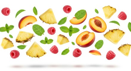 Fototapeta premium Fresh Fruit Medley: Pineapple, Peach, Raspberry, and Mint - Vibrant of fresh pineapple, peach, raspberry, and mint pieces levitating against a white background. Perfect for healthy food, beverage