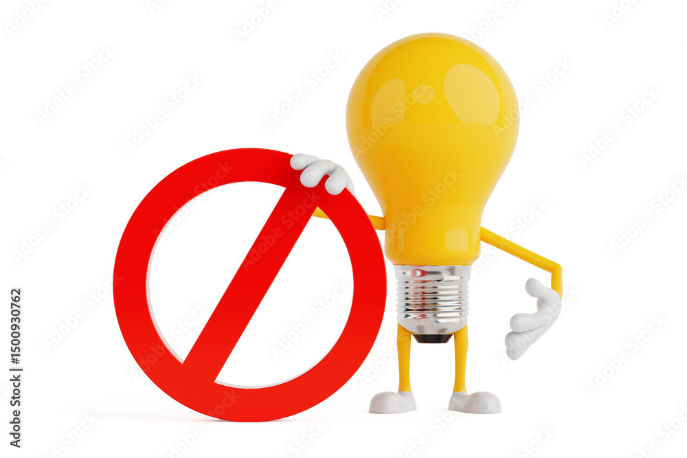 Aufkleber prohibition and warning concept. yellow cartoon light bulb character holding red forbidden sign. 3d 