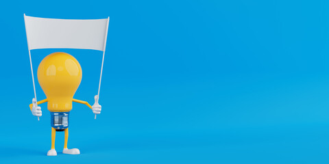 Communication And Message Concept. Yellow Cartoon Light Bulb Character Holding Blank White Flag. 3d Rendering