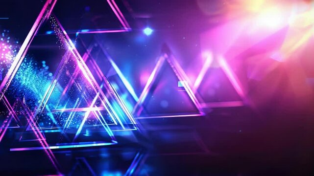 Futuristic neon triangles with glowing sparkles in dynamic motion display