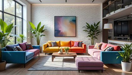 Sleek and stylish modern living room, featuring sofas in every color of the rainbow, textured brick wall in white, Scandinavian design elements, and large indoor plants.