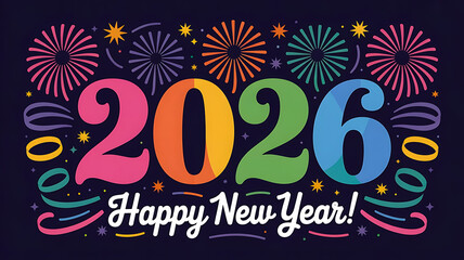 Colorful 2026 happy new year design with fireworks