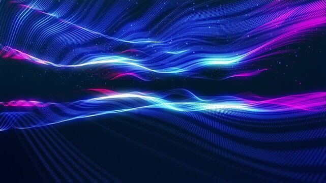 Blue red gradient. Stunning surface composed of neon glow particles that form waves of light. Captivating seamless looped animation. Design is perfect for various applications, events, shows.