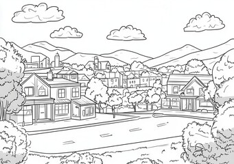 Ilustraci&oacute;n monocrom&aacute;tica de un pueblo en un valle