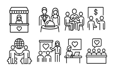 Community engagement and collaboration in business and education icons