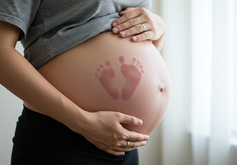 Baby Footprint on Pregnant Belly, Fetal Movement Bump Photo, Visible Kick Mark on Maternity Stomach, Pregnant Belly with Baby Kick Shape, Korean Pregnancy Belly Detail