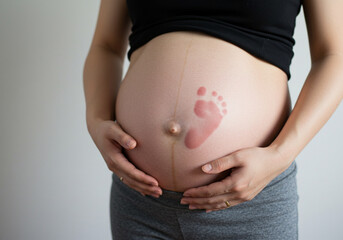 Baby Footprint on Pregnant Belly, Fetal Movement Bump Photo, Visible Kick Mark on Maternity Stomach, Pregnant Belly with Baby Kick Shape, Korean Pregnancy Belly Detail