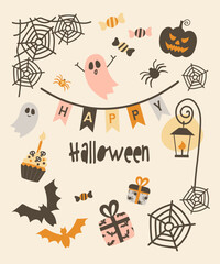 Cute Halloween card. Pumpkin, gifts and decoration. Hand-drawn vector illustration in flat style.