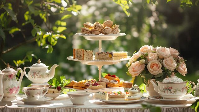 Charming outdoor tea party with elegant table setting and floral decor in sunlit garden