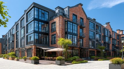 Fototapeta premium Brick buildings with large windows, outdoor seating, and greenery under a sunny sky