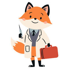 Flat vector illustration in a simple children's style. Cute foxy doctor with first aid kit and injection on white background . Vector illustration