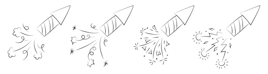 Party firework rocket element. Celebrate birthday symbol with firecracker burst. New Year event or anniversary with festive sparkle congratulation holiday doodle set. Celebration with ribbon explosion