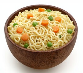 Instant noodles with carrots and green peas in wooden bowl, isolated on white background, copy space