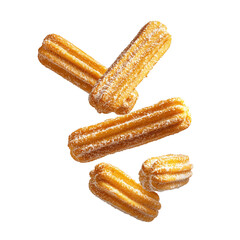 Sweets churros flying isolated on white background. Churros falling isolated.