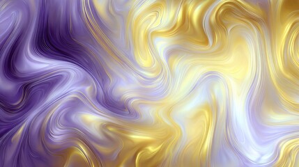 Golden swirls meet violet in a dynamic, flowing abstract liquid pattern with pearl highlights & depth