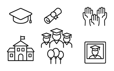 Graduation icons set featuring cap, diploma, and celebrating students in minimalist style