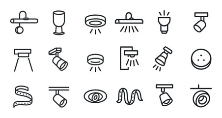 Lighting and illumination outline icons set – flat, silhouette, home decor symbols