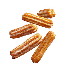 Sweets churros flying isolated on white background. Churros falling isolated.