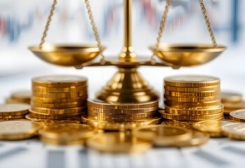  showing golden scales behind neatly stacked and scattered gold coins, with blurred financial charts in the background.