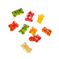 Colorful gummy bears flying isolated on white background. Mixed colored gummies for kids. Gummies falling.