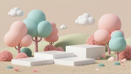 Whimsical Pastel Dreamscape with Cartoon Trees and Clouds