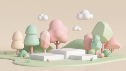 Whimsical Pastel Dreamscape with Cartoon Trees and Clouds