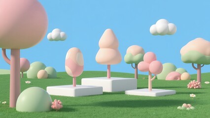 Whimsical Pastel Dreamscape with Cartoon Trees and Clouds