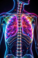 detailed illustration of rib cage with lung overlay in rgb or holographic style, glowing edges, layered transparency, futuristic background, high resolution