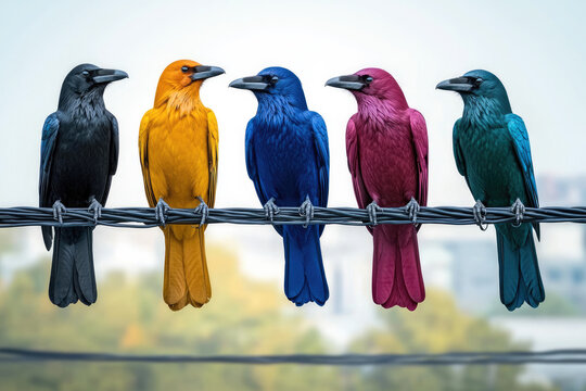 Five colorful crows perched on wire, vibrant feathers, urban background, cheerful mood