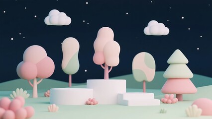 Whimsical Pastel Dreamscape with Cartoon Trees and Clouds