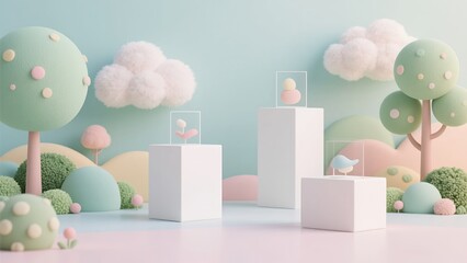 Whimsical Pastel Dreamscape with Cartoon Trees and Clouds