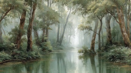 Tranquil river flows through a lush green forest with soft morning mist