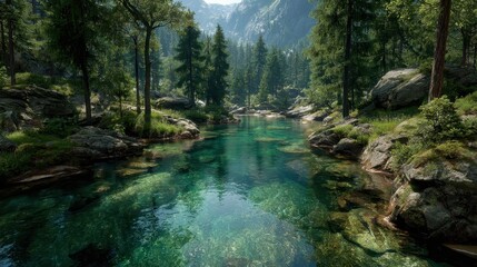 Obraz premium Tranquil turquoise river flows through the lush green forest mountains.