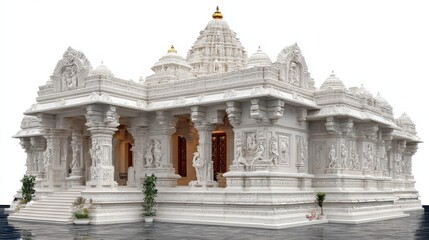 Obraz premium Ornate marble Hindu temple with intricate carvings stands in serene water