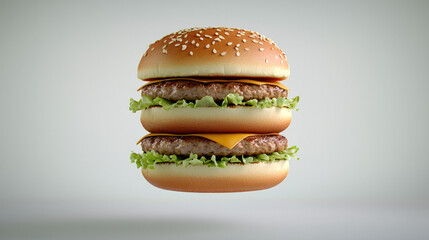 Double burger sesame bun beef patty cheddar cheese lettuce floating isolated delicious fresh