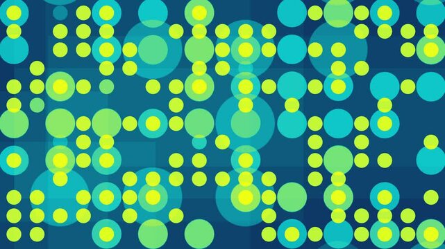 Vibrant abstract grid pattern with flashing and blinking green and turquoise circles - background animation in the style of 70s