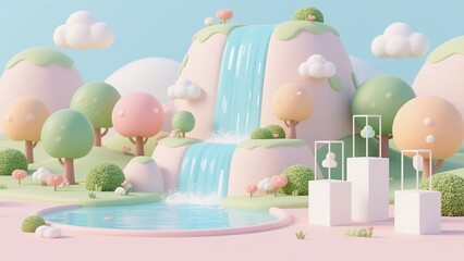 Whimsical Pastel Dreamscape with Cartoon Trees and Clouds