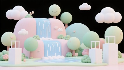 Whimsical Pastel Dreamscape with Cartoon Trees and Clouds