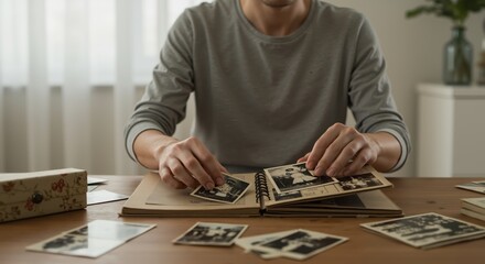 Man organizing vintage photographs at a wooden table inside home  