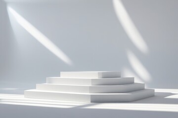 Obraz premium White multi-step podium on seamless white background – minimal product display, clean design, futuristic stage, studio lighting, abstract symmetry