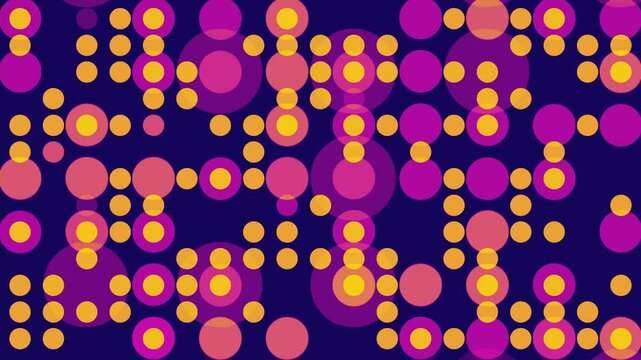 Vibrant abstract grid pattern with flashing and blinking purple and orange circles on deep blue background in the style of 70s