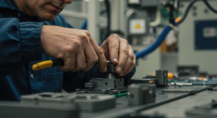Skilled technician assembling machinery components in industrial workshop  
