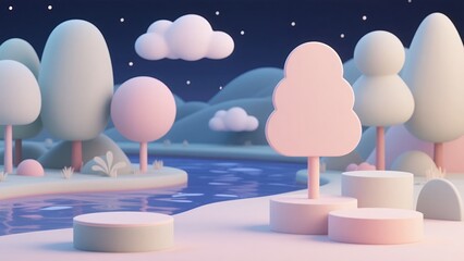 Whimsical Pastel Dreamscape with Cartoon Trees and Clouds