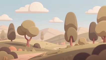 Whimsical Pastel Dreamscape with Cartoon Trees and Clouds