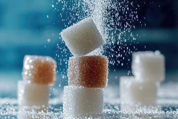 Sugar cube white brown close up falling sweet granulated macro contrast blue background emotional