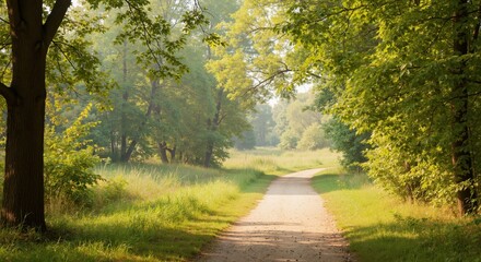 Serene pathway through lush green forest on a sunny morning  